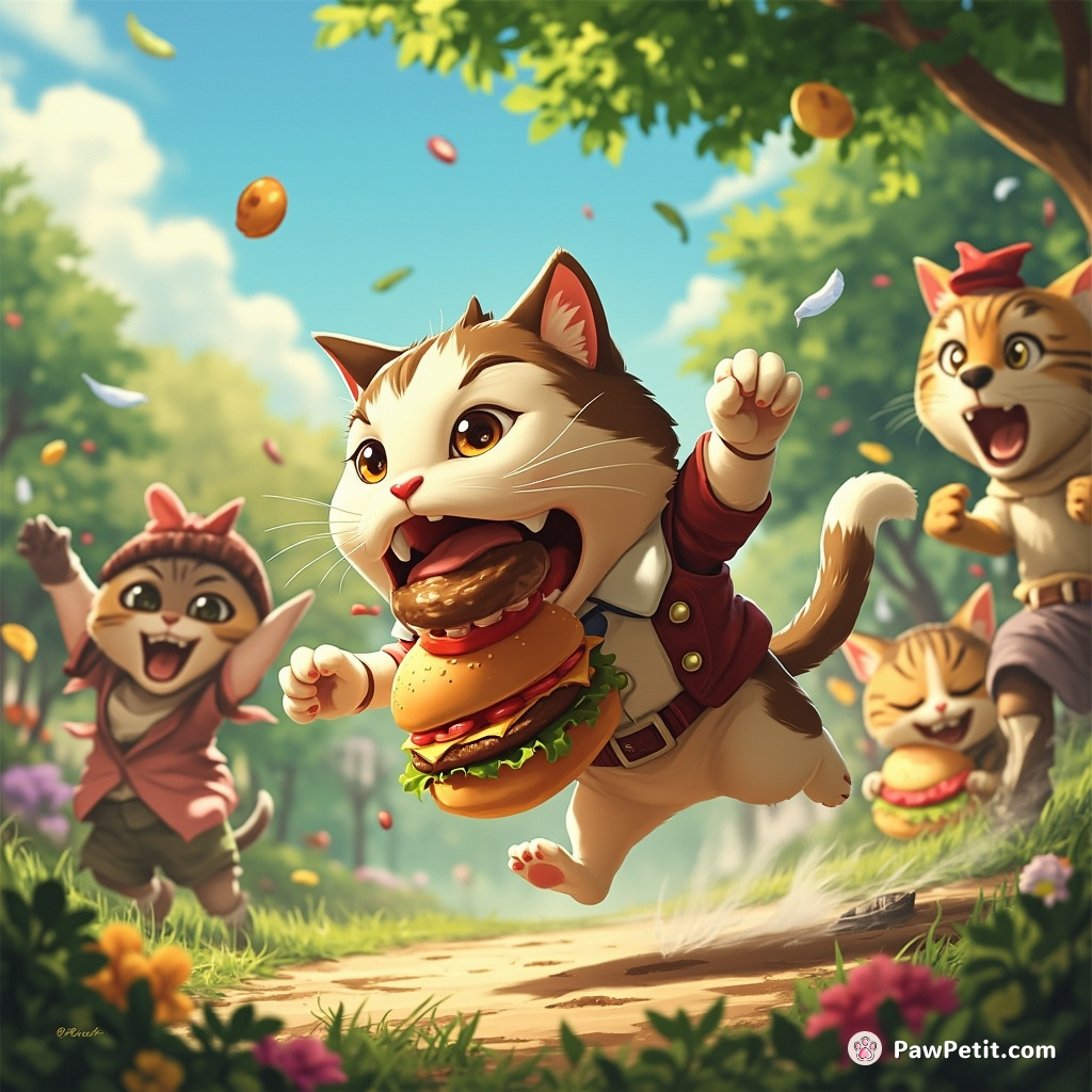 Amid a garden picnic, Tabby launches a daring burger heist; chaos ensues as guests humorously scurry after the feline fugitive.