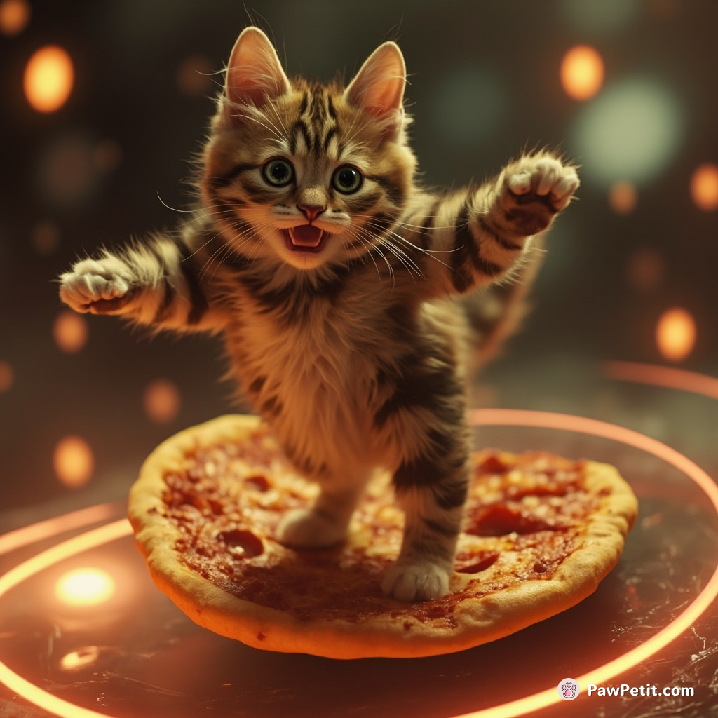 A cat dancing flamenco on a floating slice of pizza in zero gravity.