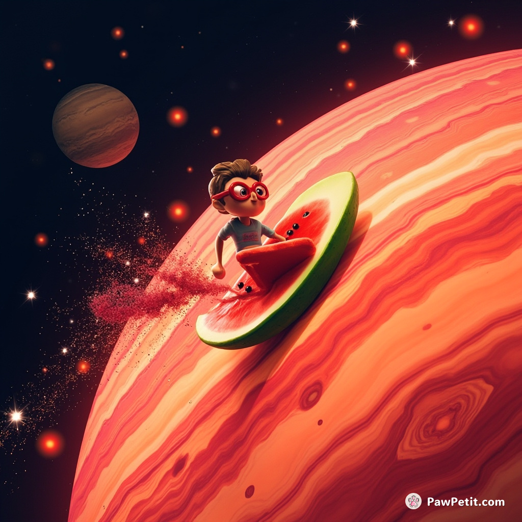 Speed painting a cosmic swirl with a mote of stardust while surfing on a slice of watermelon across Jupiter's great red spot.
