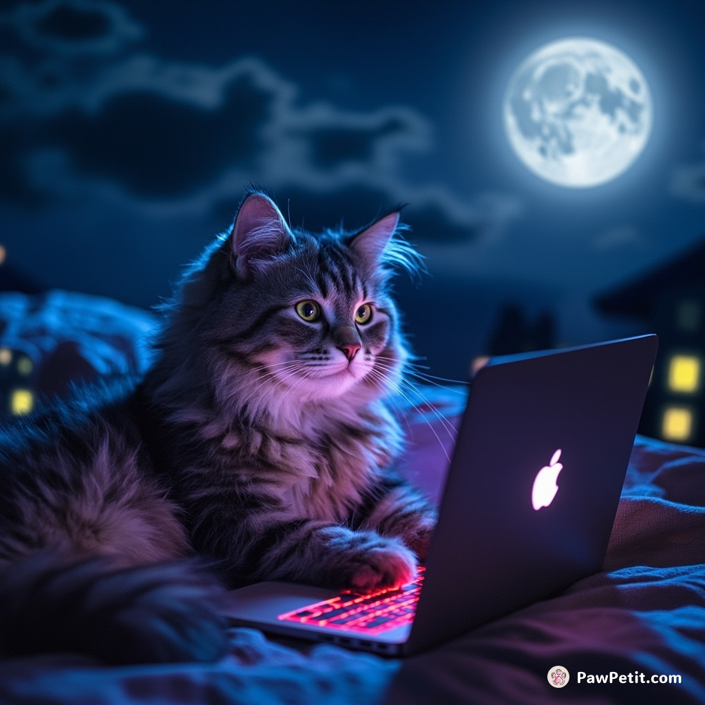 Under soft moonlight, a persian cat diligently typed on a laptop, editing his daily report for the Feline United Nations.