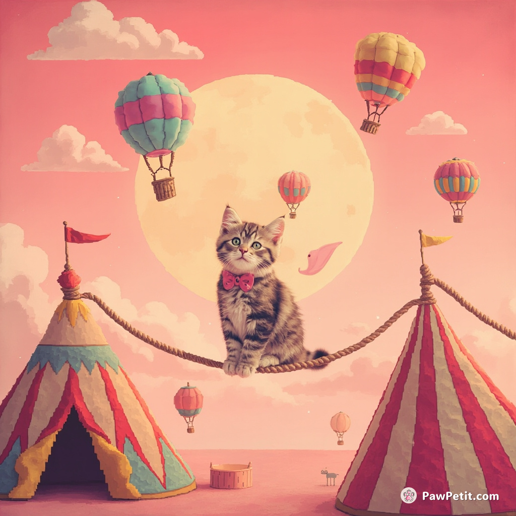 Kitten juggling miniature hot air balloons on a tightroap strung between two circus tents in the dreamlike salmon pink lunar landscape.