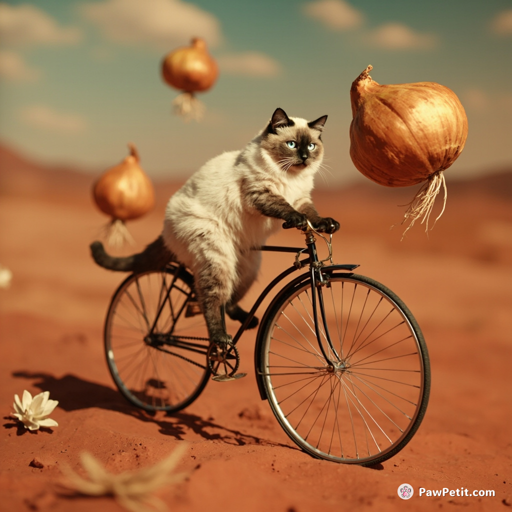 An aristocratic, Victorian-era cat navigating a bicycle through a floating onion garden on Mars.