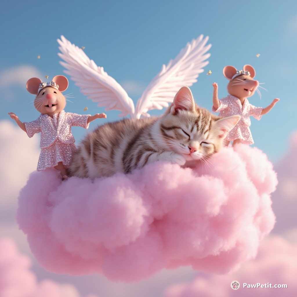 A winged cat peacefully dozing atop a floating cotton candy cloud while being serenaded by mice dressed in shiny disco outfits.