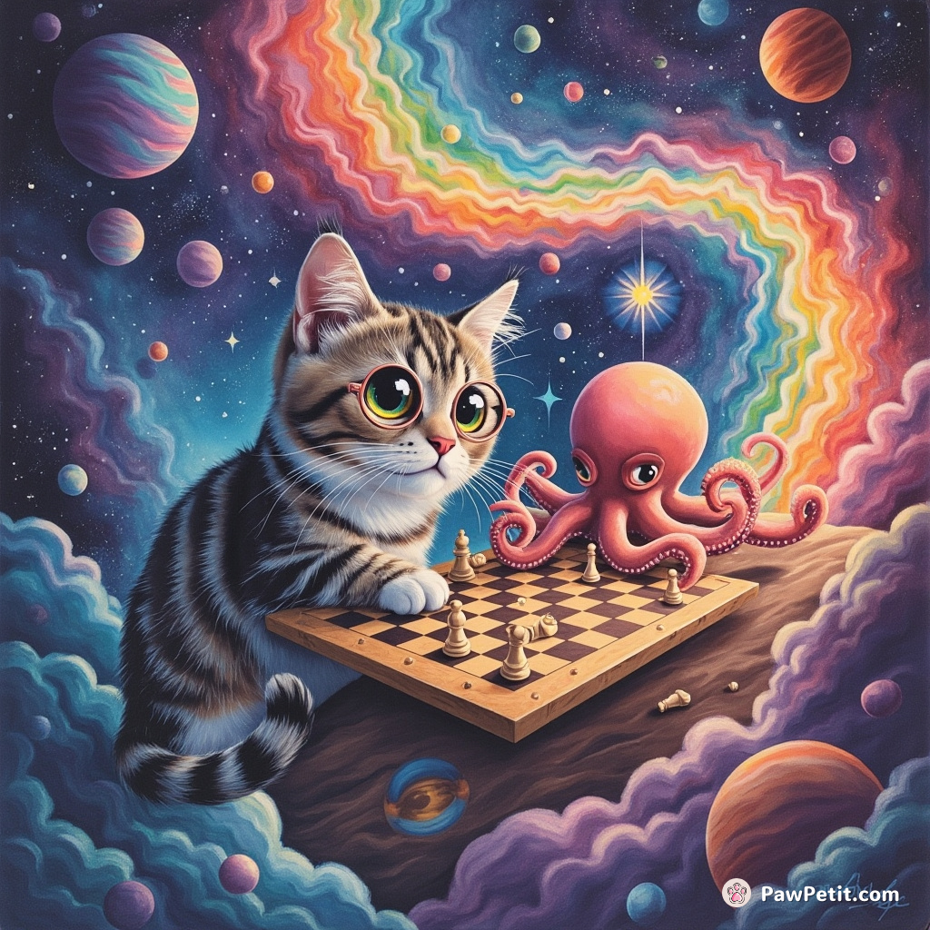 A three-eyed, neon cat playing cosmic chess with an octopus on an asteroid whirling through rainbow supernova.