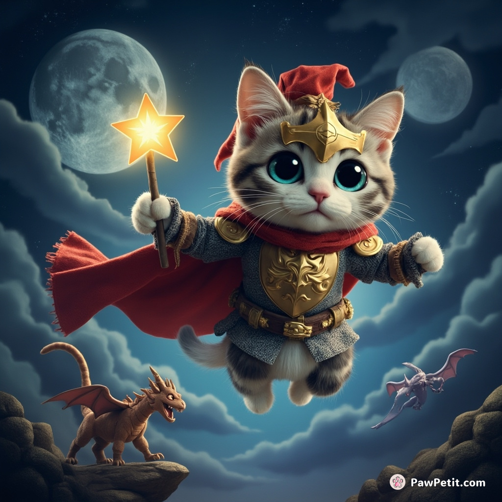 In "Whiskers' Quest," a cat knight leaps across moons to rescue a captured star from a dragon's lair.