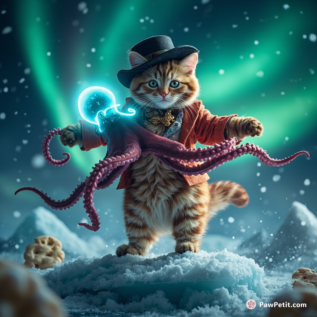 A ginger tabby engaging in a fiery flamenco dance with a neon octopus atop an iceberg under the northern lights while it snows odd-shaped biscuits.