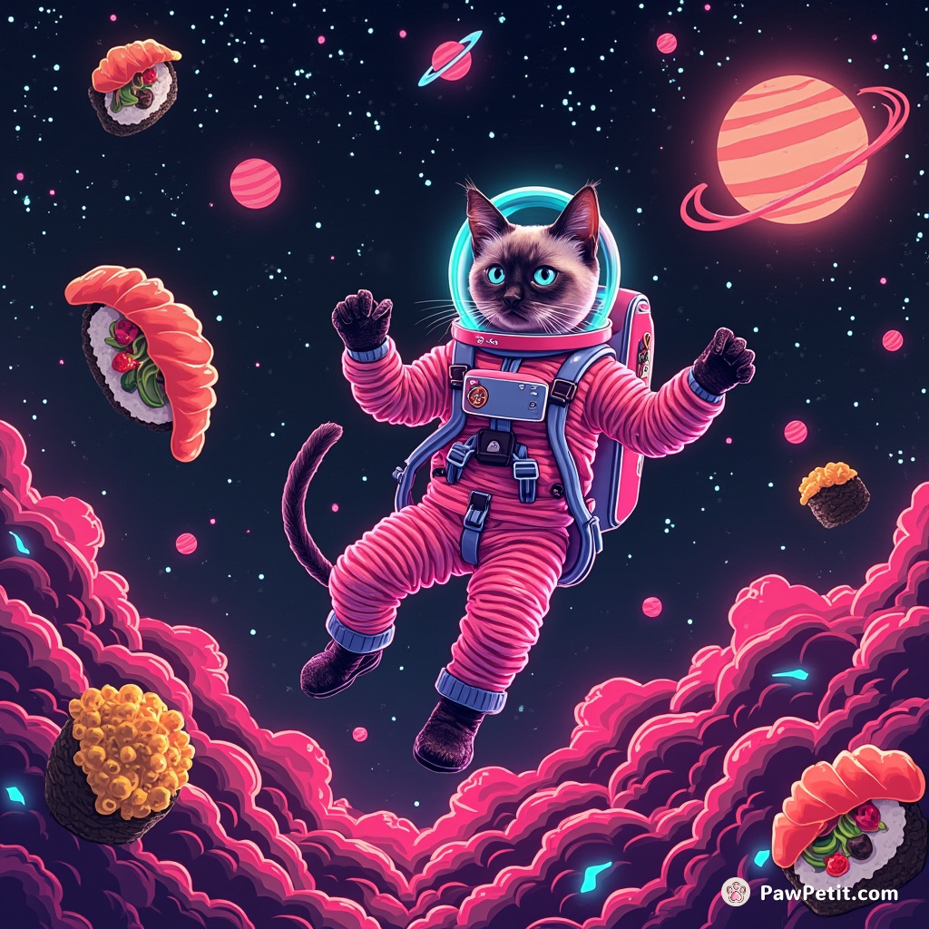 A lean Siamese cat in a neon astronaut's suit floating through cosmic sushi.
