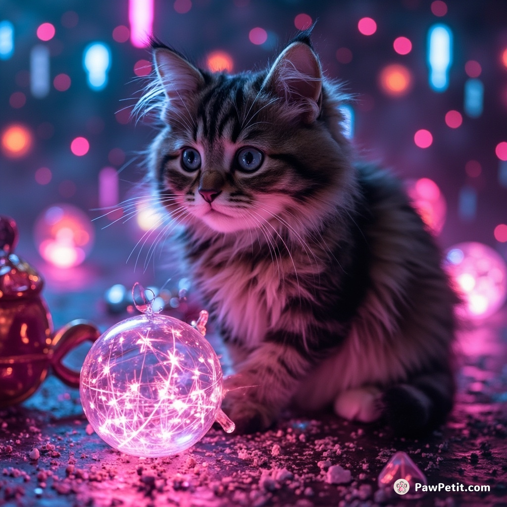 A timid Persian cat blowing glass-fantasia shapes in a handkerchief-sized star factory.