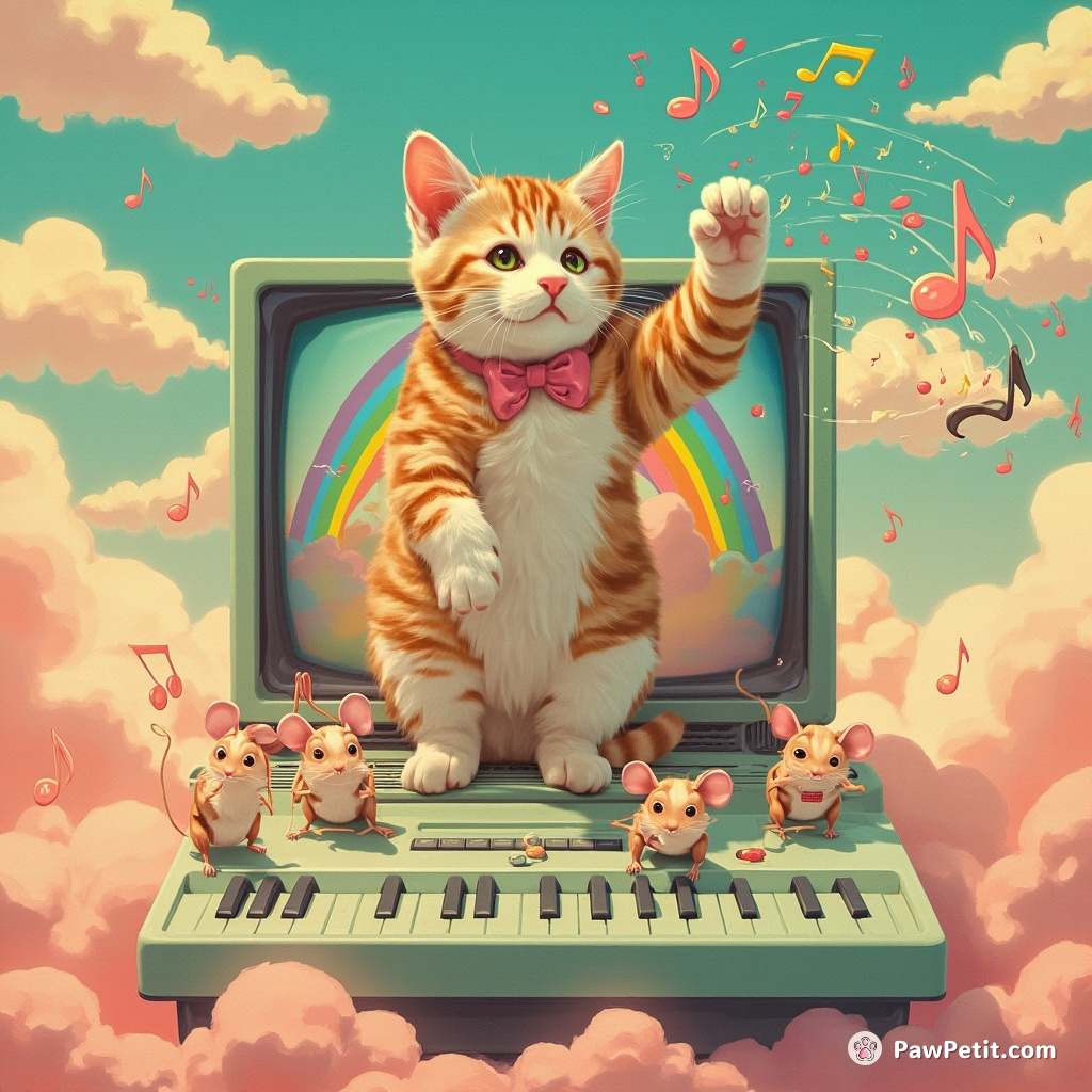 A finger-tapping cat, conducting a jazz ensemble of mice with music notes fluttering around, on the screensaver of a vintage computer floating in rainbow sherbet clouds.