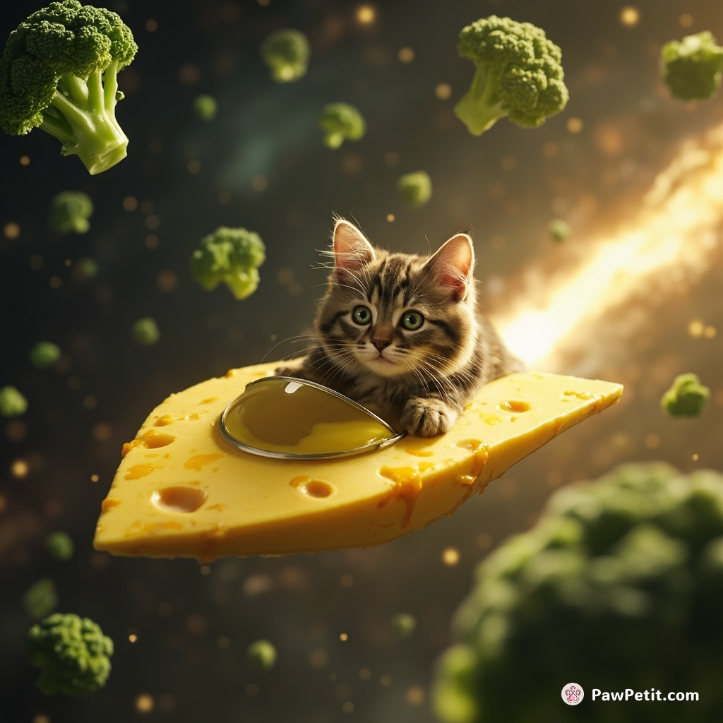Cat piloting a cheese spaceship while battling broccoli aliens in an intergalactic broccoli-cheddar soup galaxy.