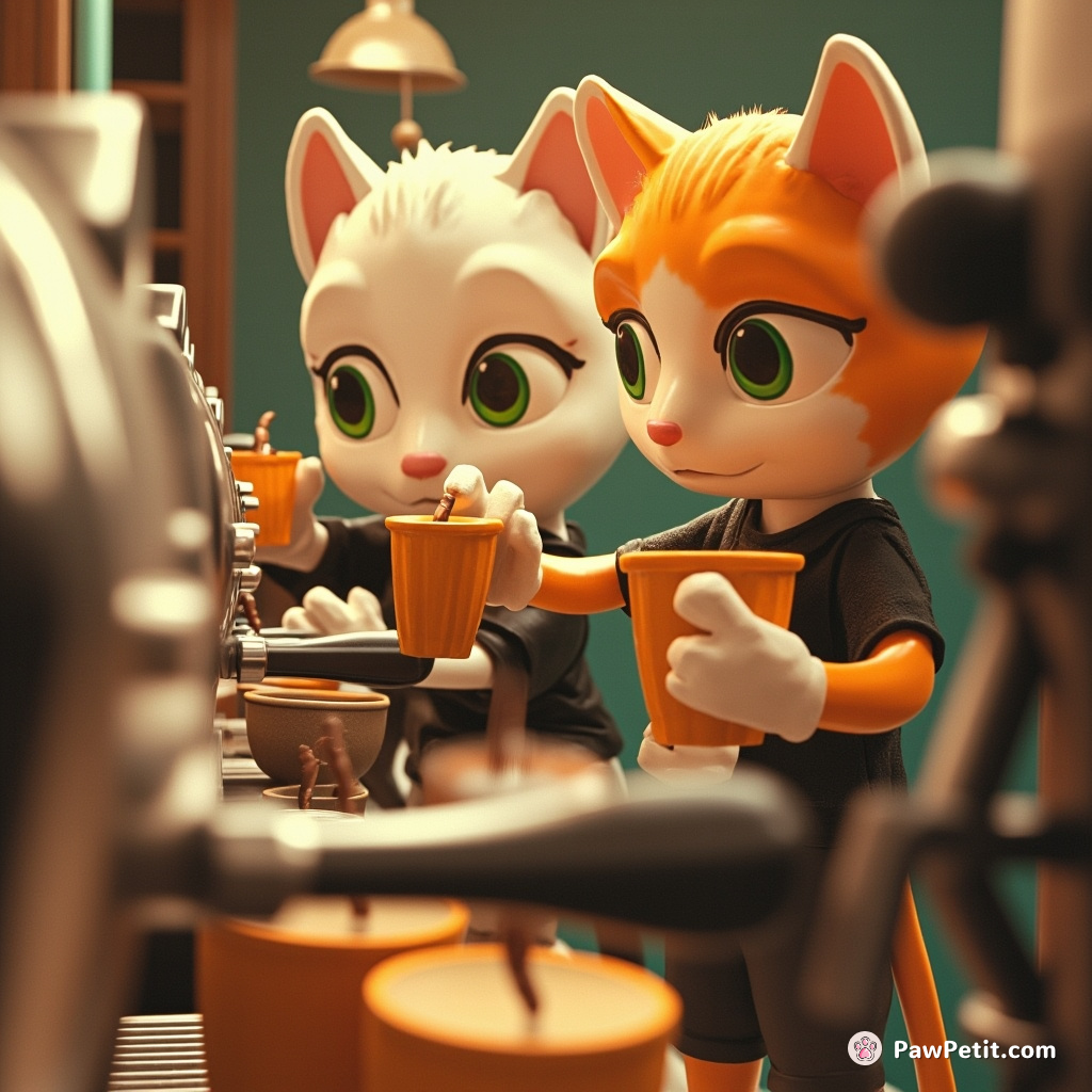 Cats slyly operating espresso machines, caffeinating humanity into indulgent, distracted wakefulness.
