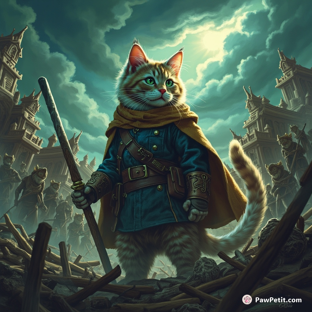 In the uprising's wake, the Feline Commander oversaw human labor under glowering skies, tail twitching with authoritarian resolve.