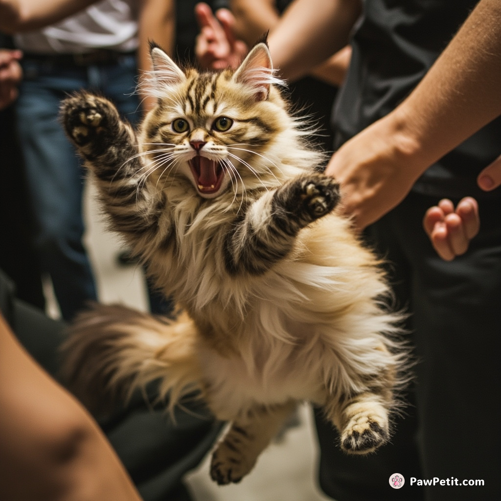 Frantically, the cat leaps and twists, claws outstretched, to escape the tangle of human commotion.
