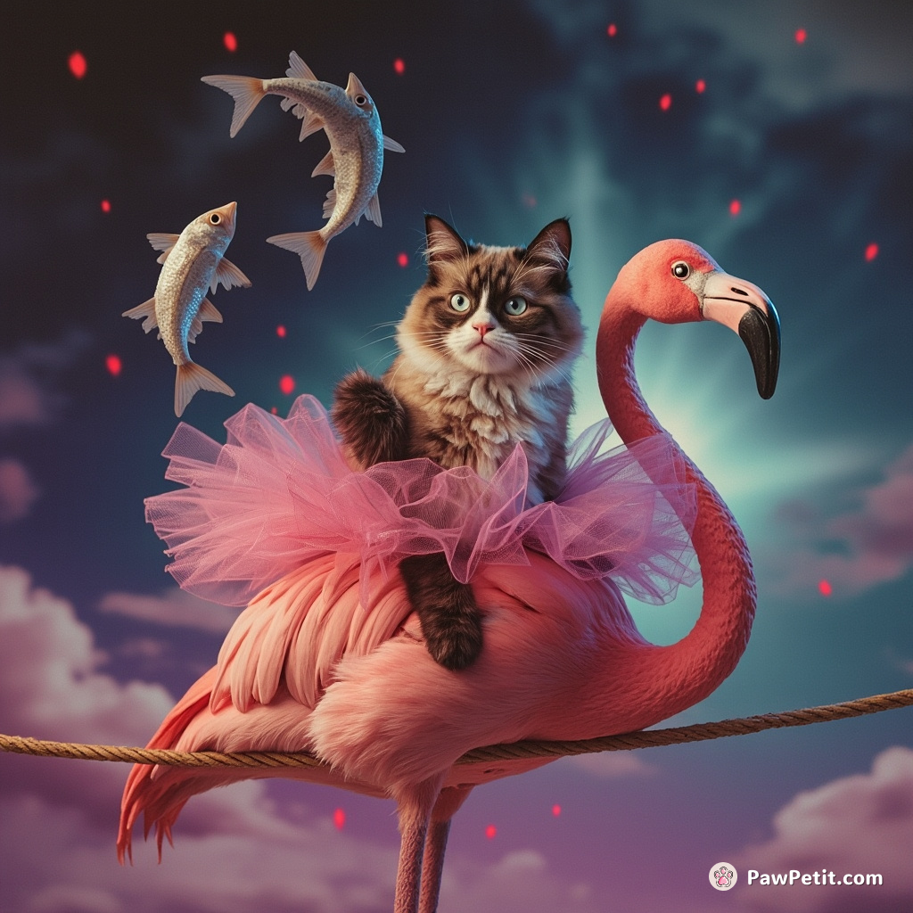 A grumpy cat riding a flamingo in a tutu while juggling fish atop a circus balance rope.