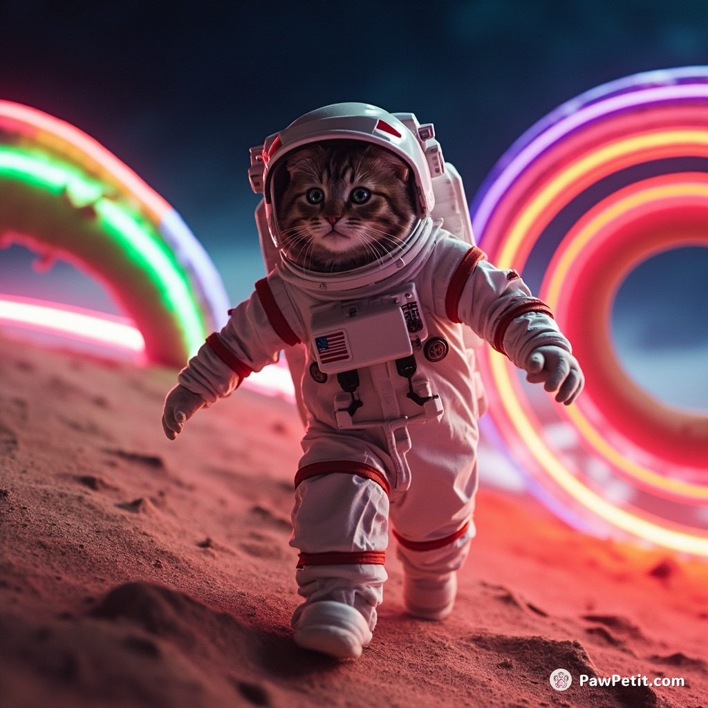 Cat in an astronaut suit moonwalks on a donut planet with rainbow neon rings.