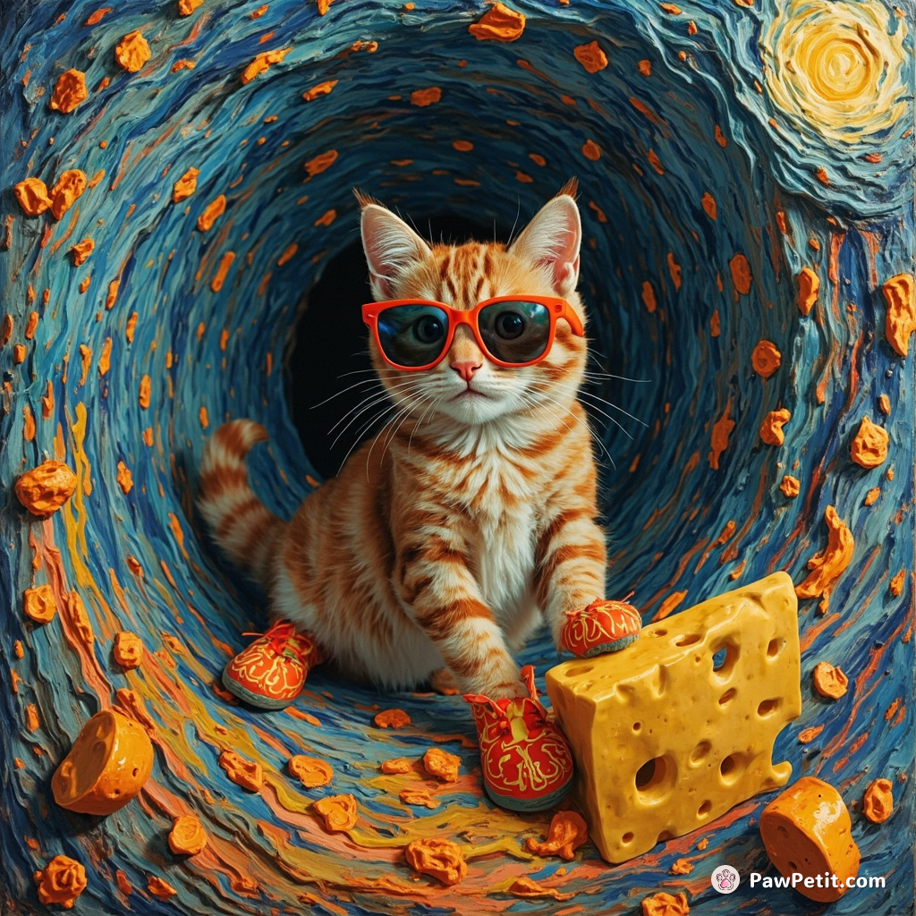 A cat disappearing into a vertical, swirling vortex painting by Van Gogh with cool sunglasses and flame shoes while nibbling psychedelic cheese.