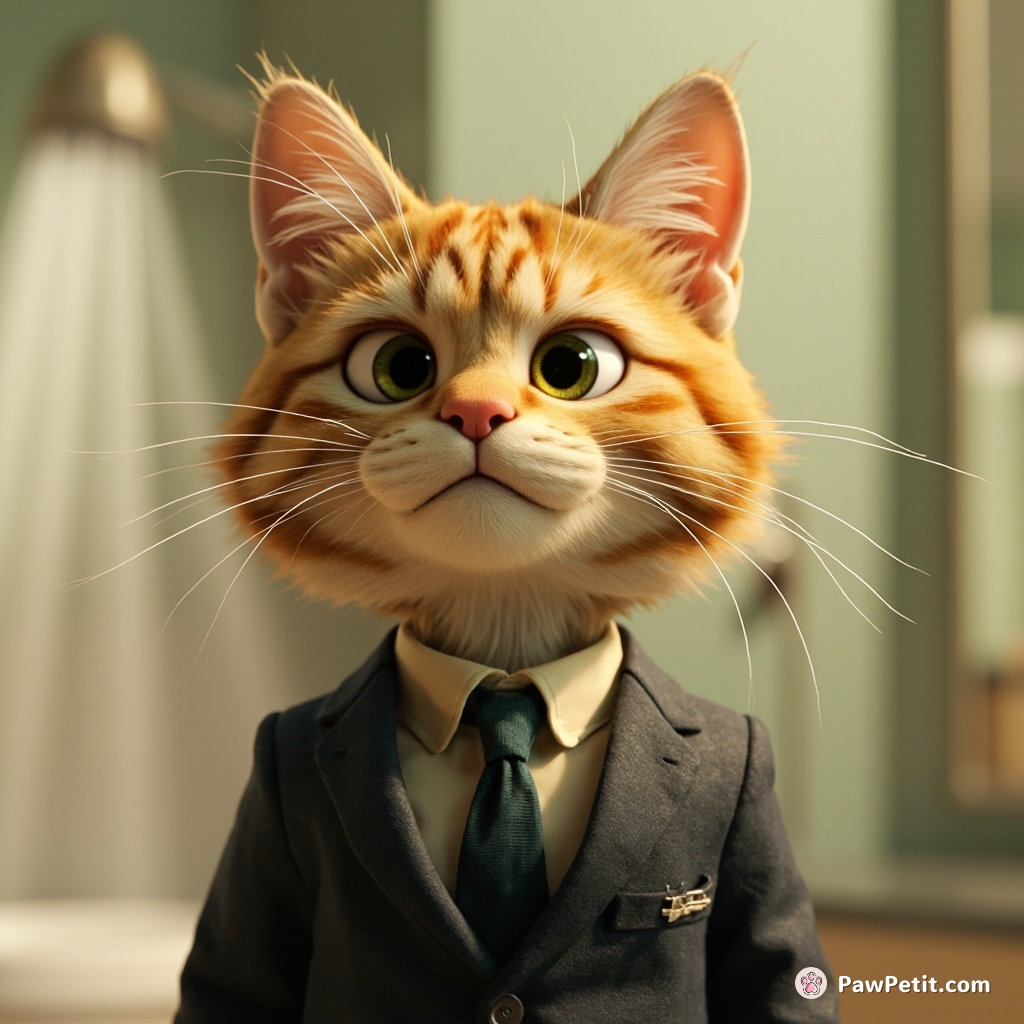 Cat frazzled, donning business attire, commits to pesky morning rituals; enduring steamy showers instead of innate grooming actions.