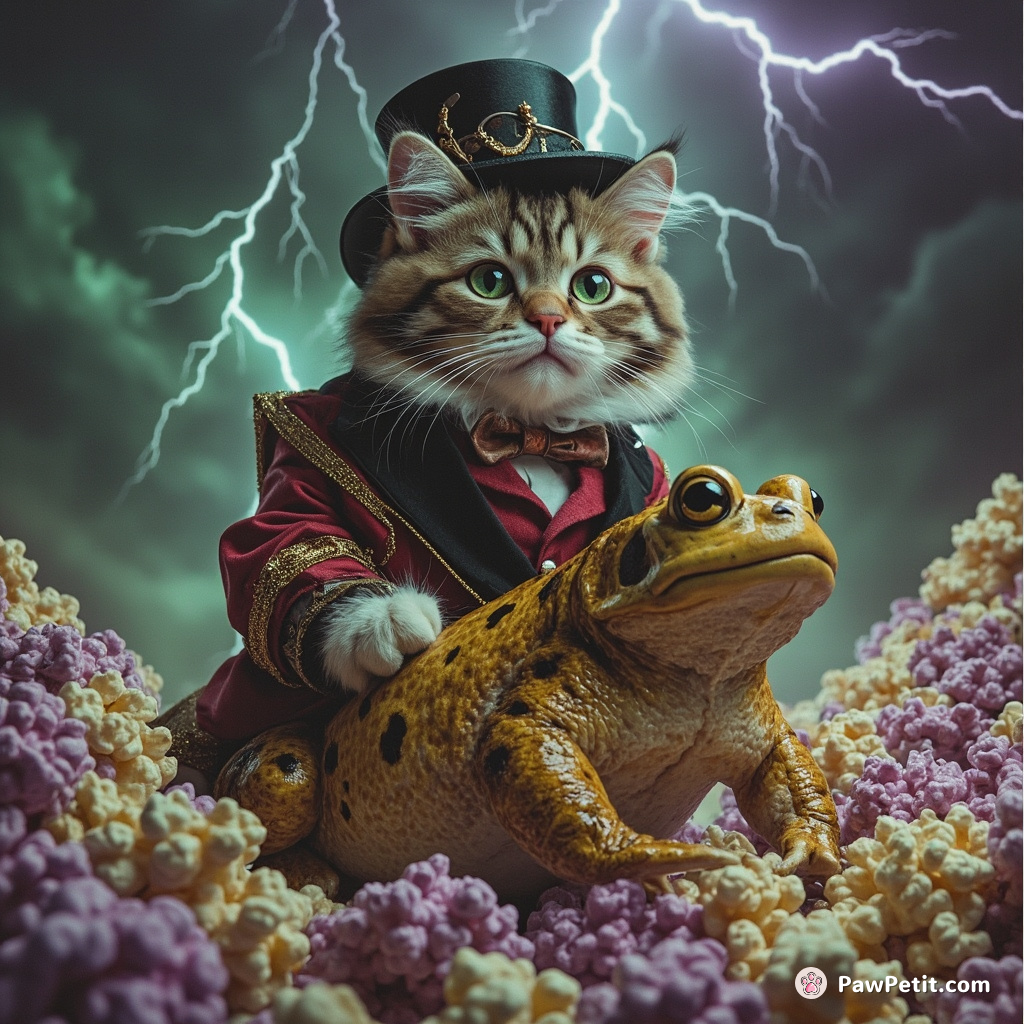 A chubby cat in victorian-era attire riding a golden toad through a thunderstorm of green and purple popcorn.