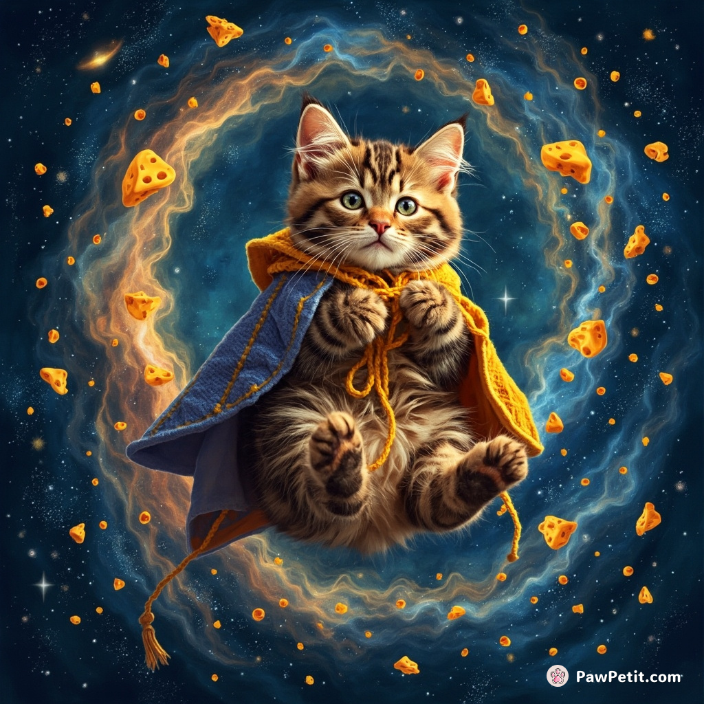 Cat floating in a cheese-swirled galaxy, knitting nebula yarn into starry night cape.