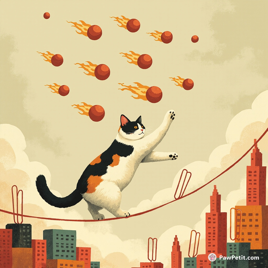 A calico cat juggling flaming meteorites on a tightrope between two floating paperclip cities in the throes of a radish revolution.