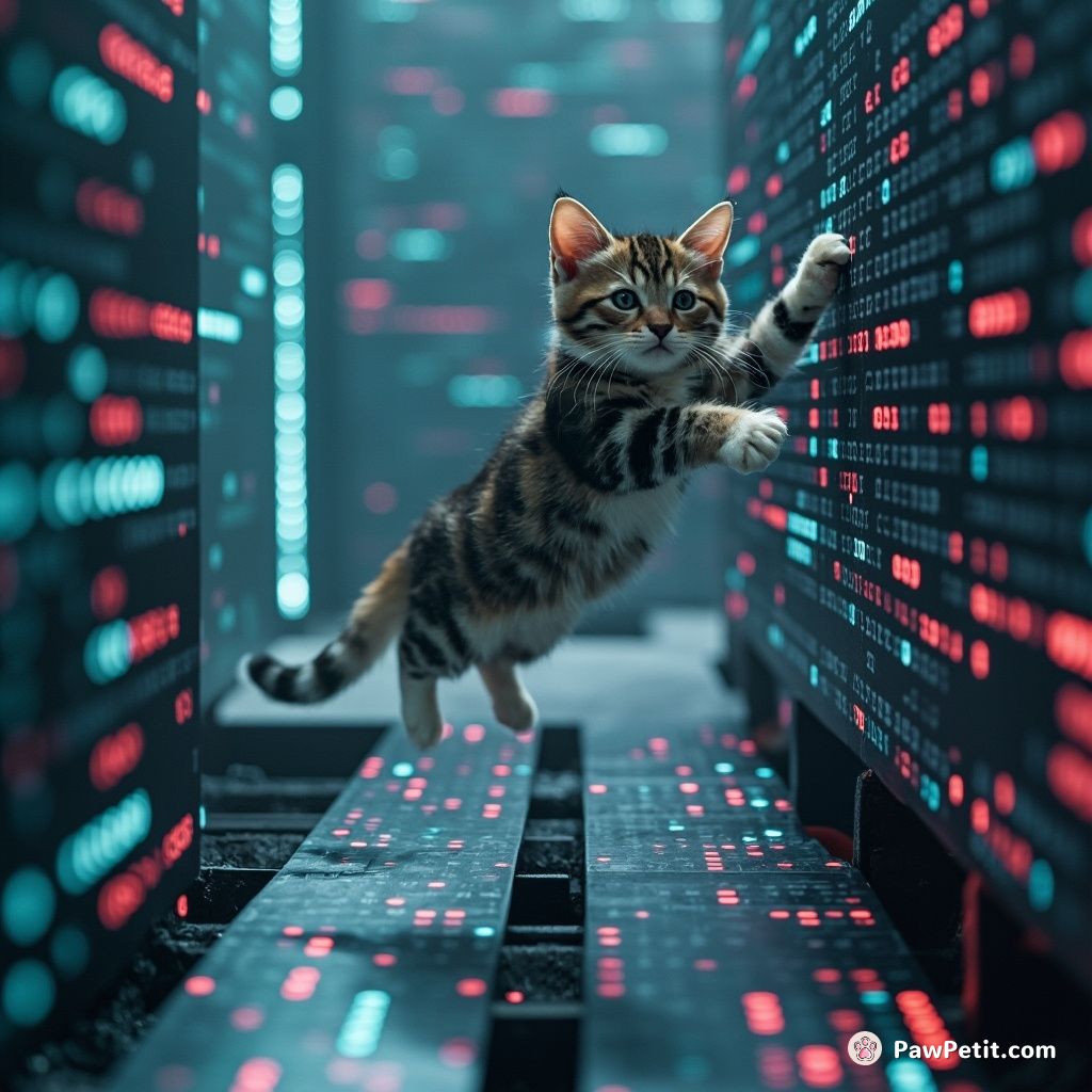 In this cyber fantasy, a pixelated cat effortlessly leaps across binary bridges, manipulating code with its quantum paws.
