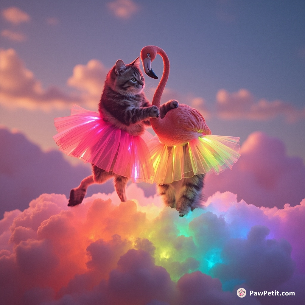 A cat dancing the tango with a flamingo in glowing neon tutus atop a rainbow-striped marshmallow cloud.
