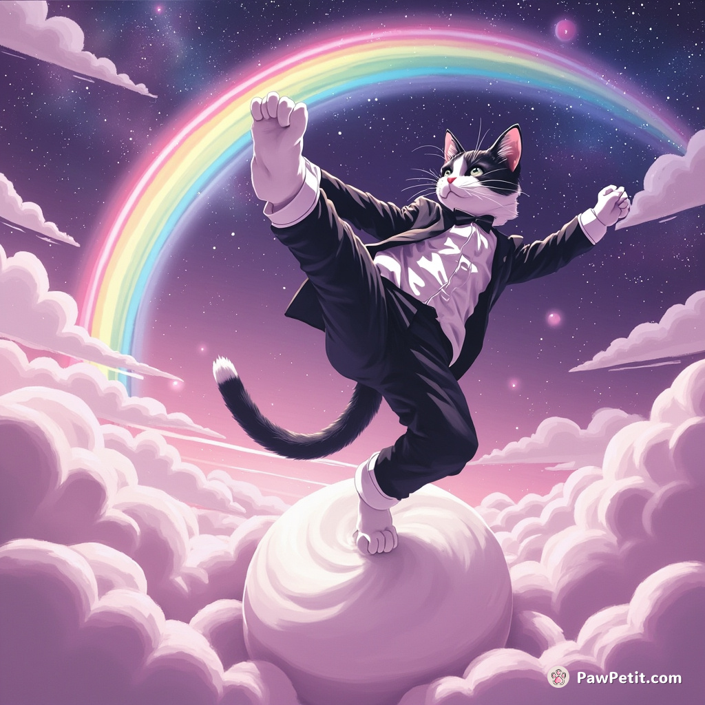 A tuxedo cat high-kicking a giant marshmallow underneath a swirling, candy-coloured rainbow in outer space.