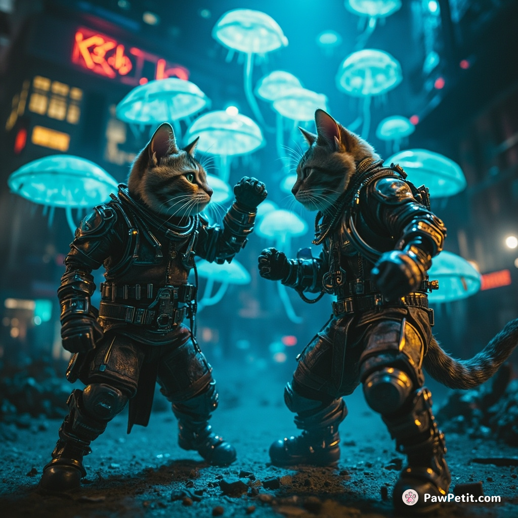 Cybernetic steam-punk cats having a hip-hop dance battle in an underwater city, surrounded by fluorescent jellyfish.
