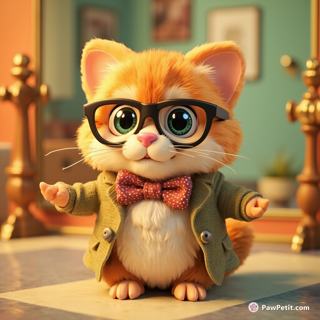 Whimsical: Fluffy dons a tiny bowtie, practices "business meows" in front of the mirror before his "9-to-5" nap schedule.