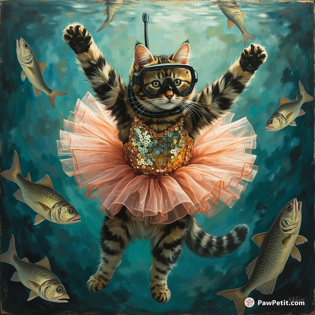 Cat doing underwater ballet with piranhas, wearing a sequin tutu and a snorkel set.