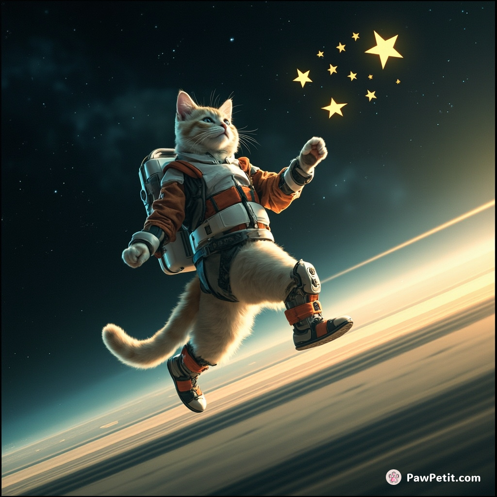 Cyborg cat moonwalks on Saturn's rings while juggling shooting stars.