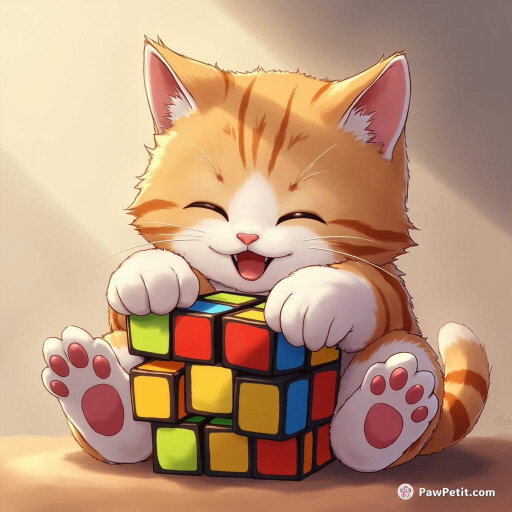 The cat meticulously manipulates a Rubik’s cube, deftly using its paws for rotation and seeming to relish the challenge.