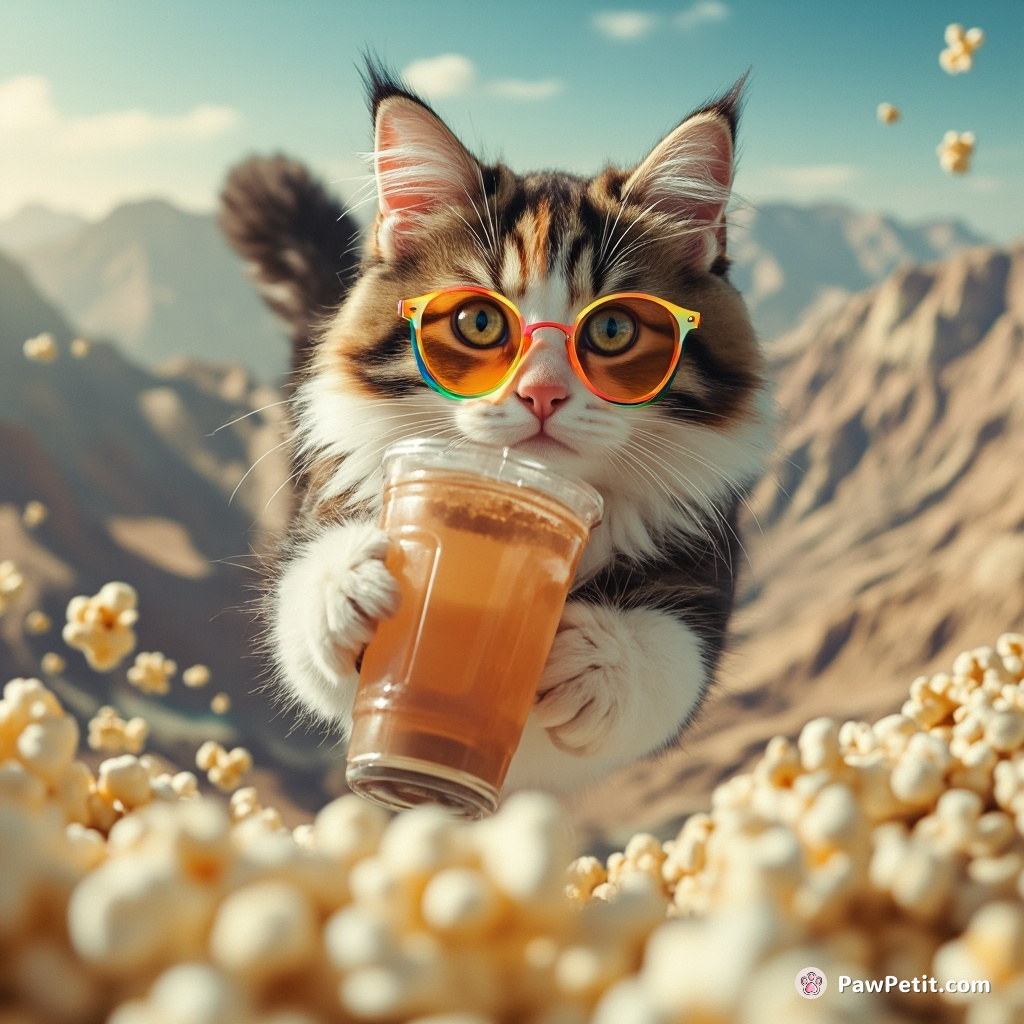 A calico cat skydiving into a popcorn-populated mountain range, wearing rainbow sunglasses and sipping iced tea.