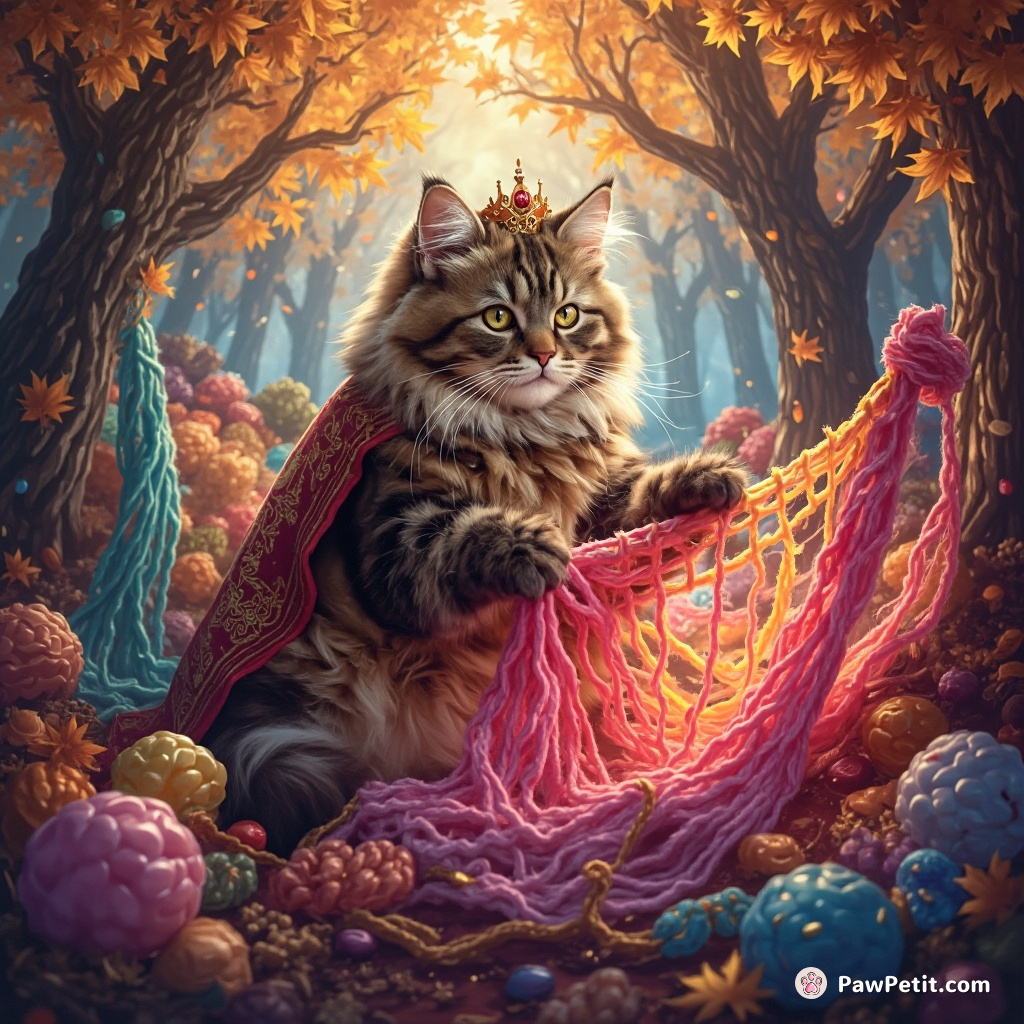A royal Persian cat intricately weaving bright, neon tapestries with its claws in a serene autumn forest made of sweets.