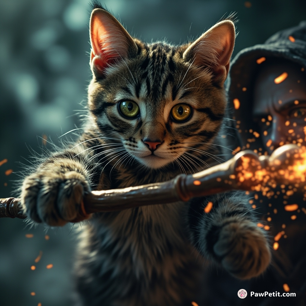 A courageous tabby cat vanquishes an evil sorcerer by pouncing on his wand and shattering it with a mighty swipe.