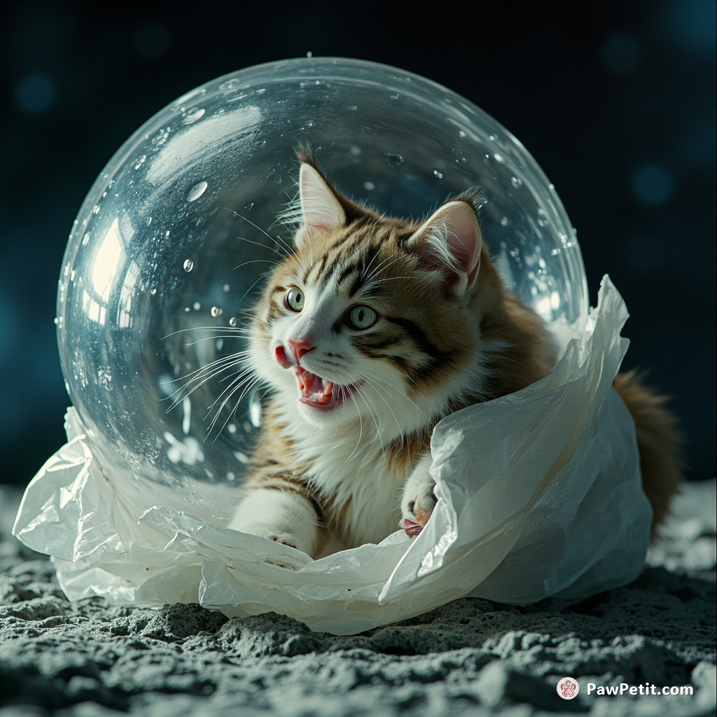 A giant cat popping bubble wrap with its claws on the moon's surface.