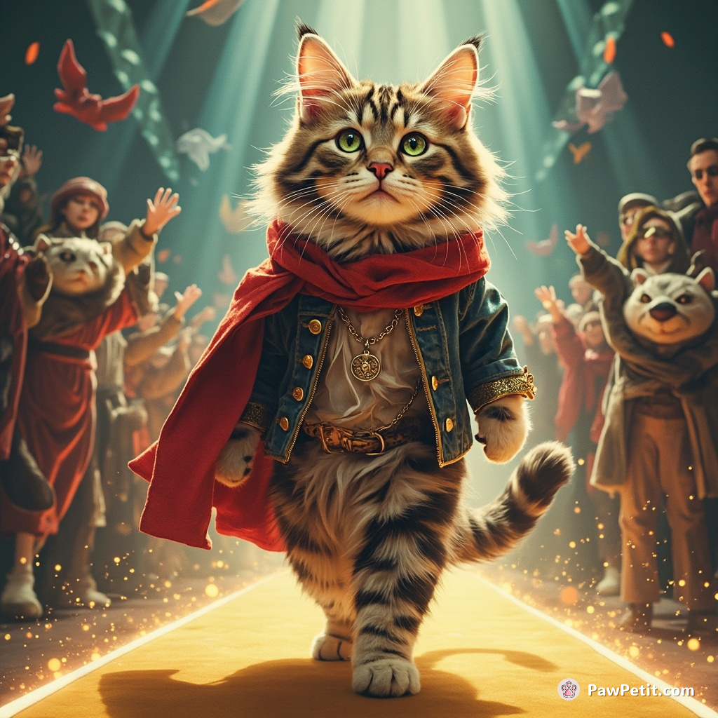 A cat organizes a global "Catwalk of Fame," strutting with swagger, convinced it can outshine human supermodels.