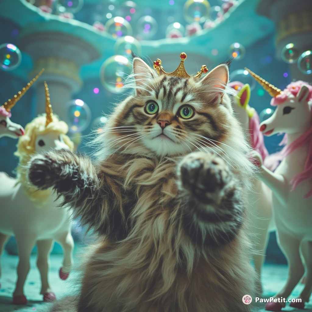 Cat successfully conducting a symphony of unicorns in an underwater bubble castle.