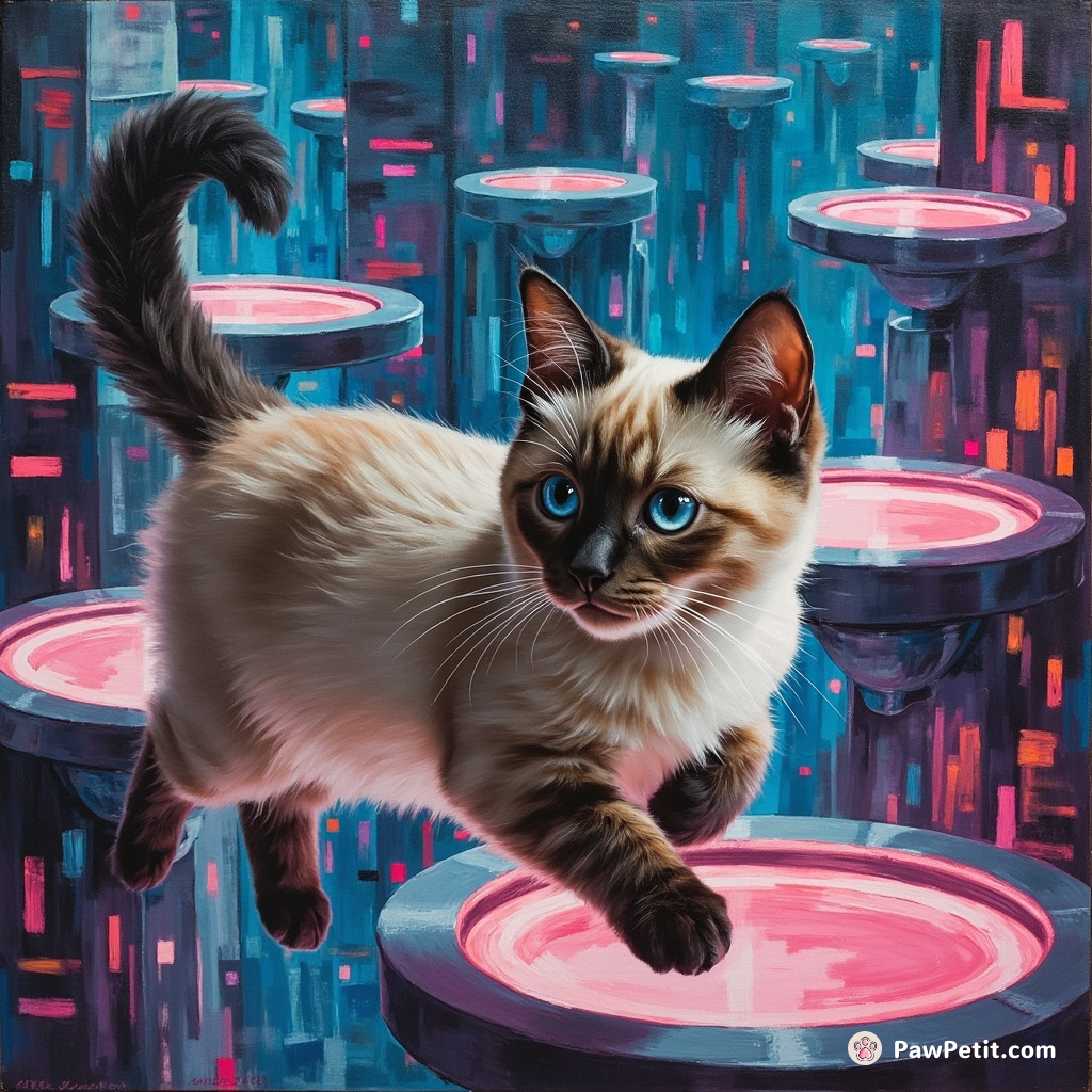 Tail flickering passionately, a Siamese cat masterfully traverses the neon web of levitating sidewalks in a cybernetic cityscape.