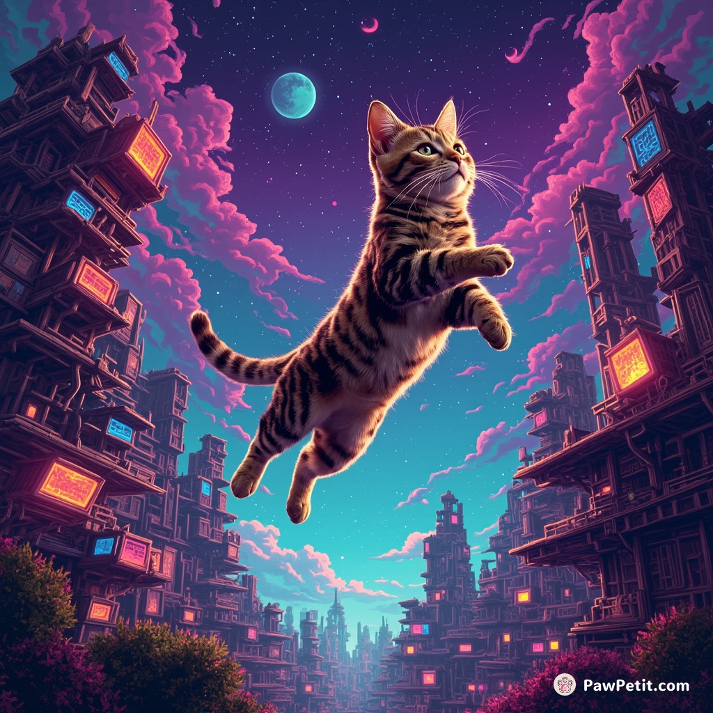 The cat, defying gravity by leaping tall structures majestically in the virtual realms, tinged with hues of psychedelic splendor.