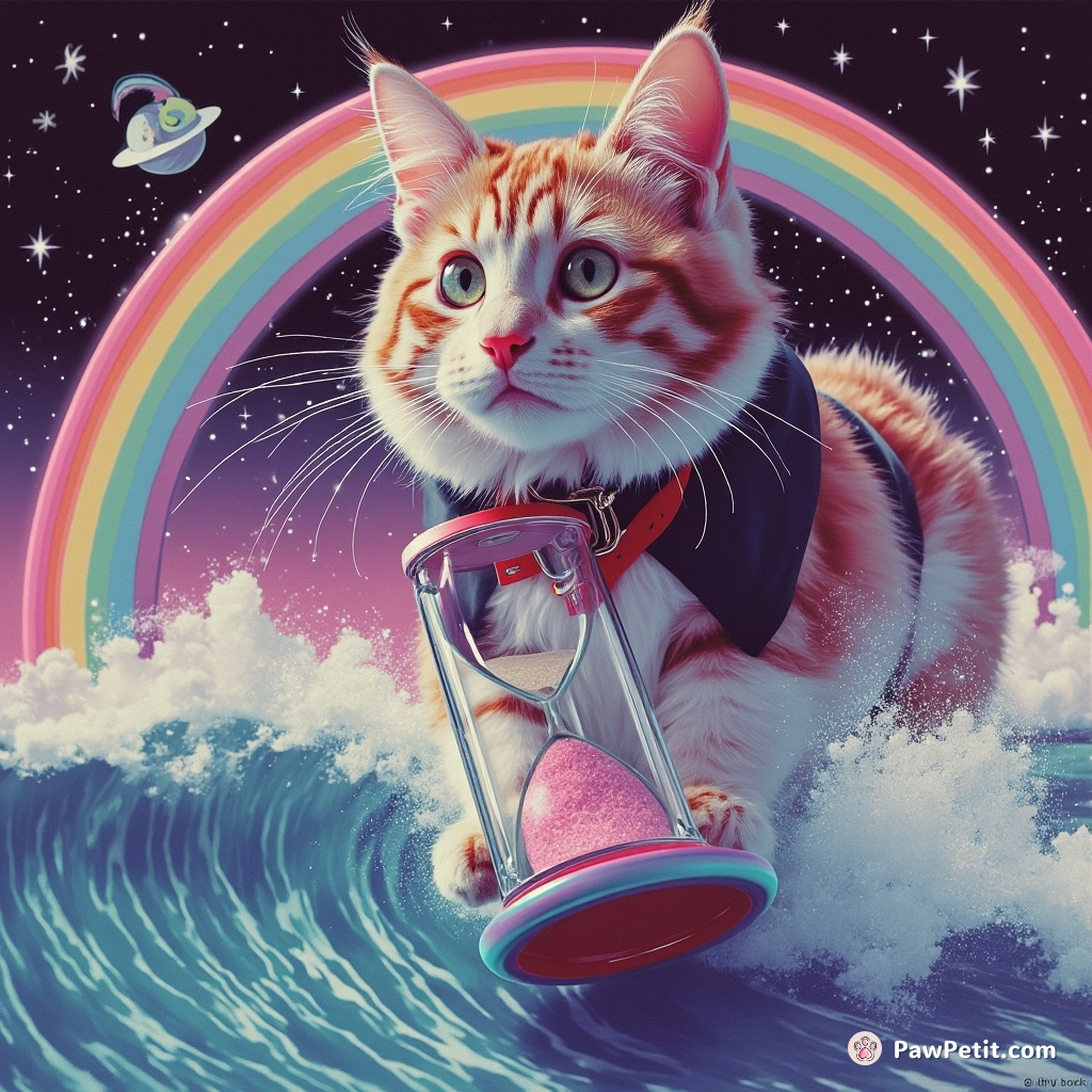 A Cheshire cat surfing on a rainbow wave within an hourglass.