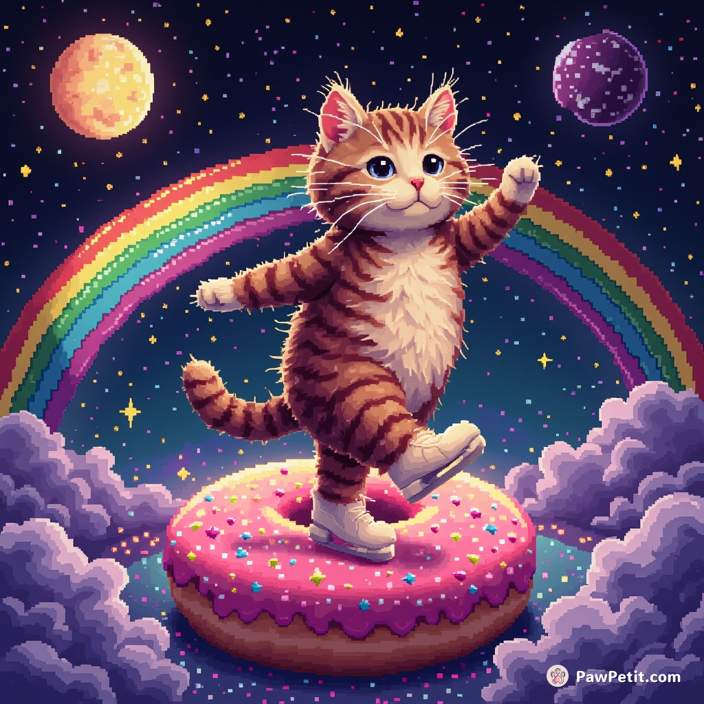 Cat gracefully figure skating on a glittering jelly doughnut planet rainbow, purring Beethoven Moonlight Sonata.