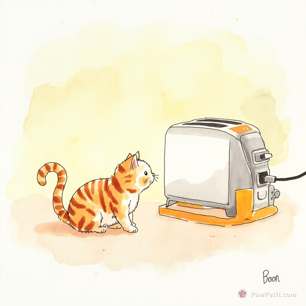 Cat sees humans bowing to a screen, so it starts worshiping the toaster, believing it's their deity.