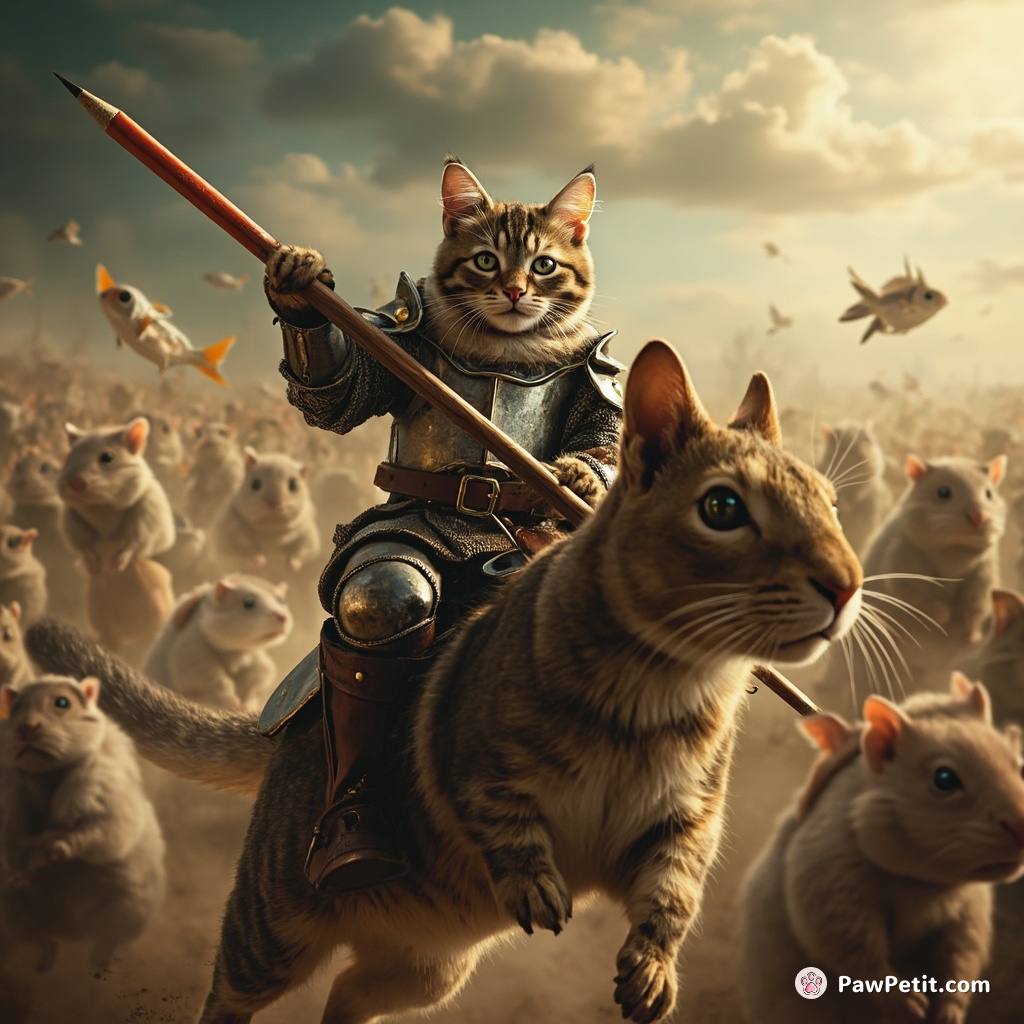 A cat knight jousting on a squirrel, carrying a pencil lance against an army of fish riding on hamsters.