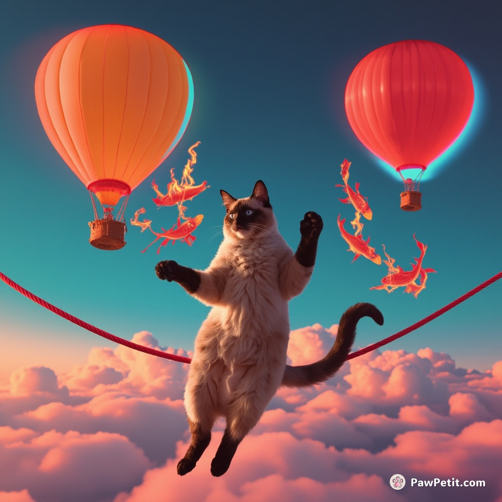 A Siamese cat juggling flaming fish on a tightrope between two hot air balloons.
