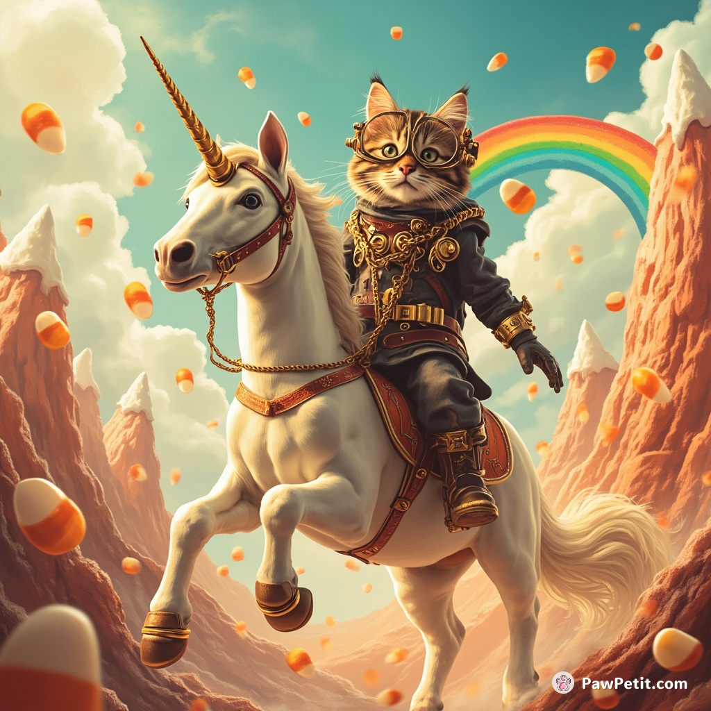 Cat in a steampunk gearsuit riding a rainbow-colored unicorn through candy corn mountains under licorice sky.