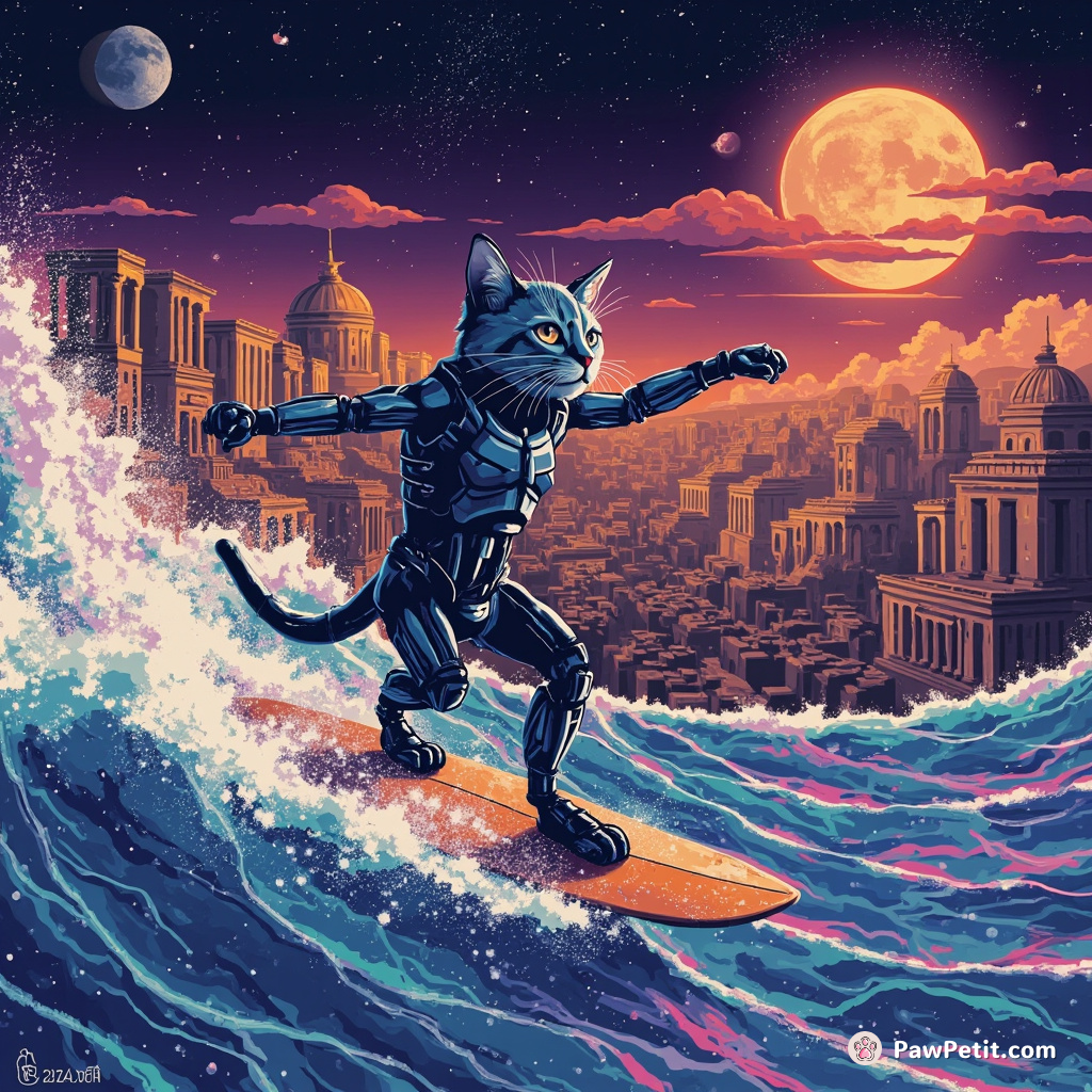 A cyborg cat surfing on a galaxy-colored wave in a digitized version of ancient Rome.