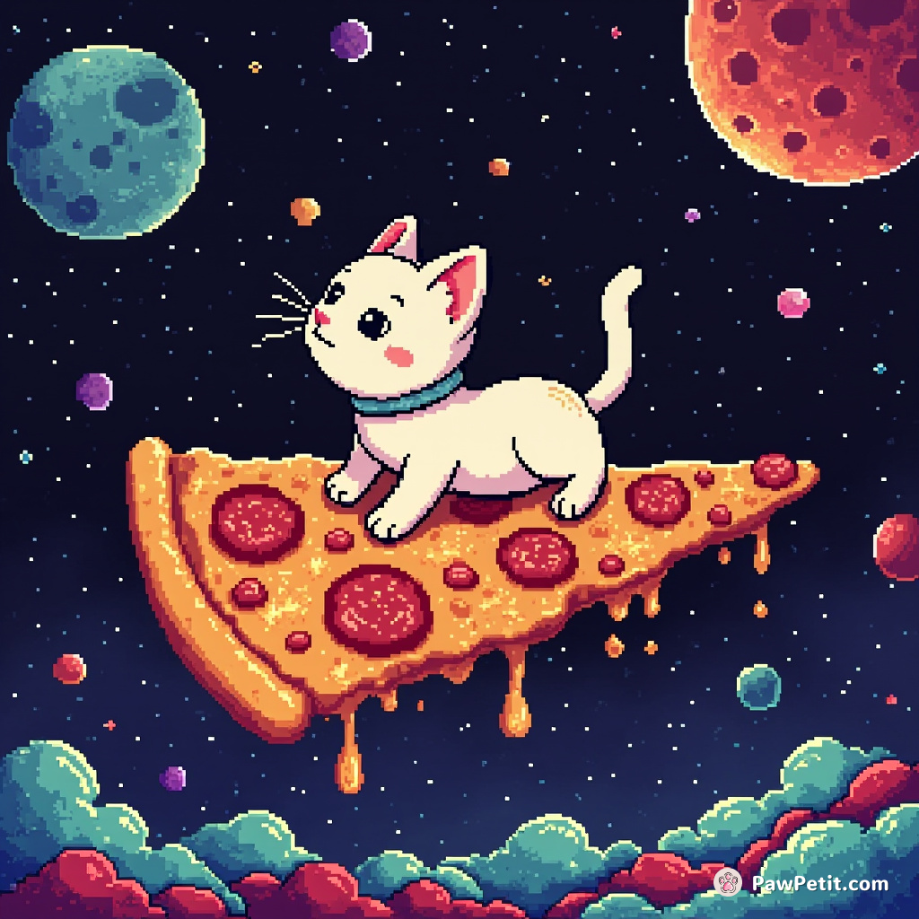 Cat sailing through galaxy on a glistening piece of melting pizza.