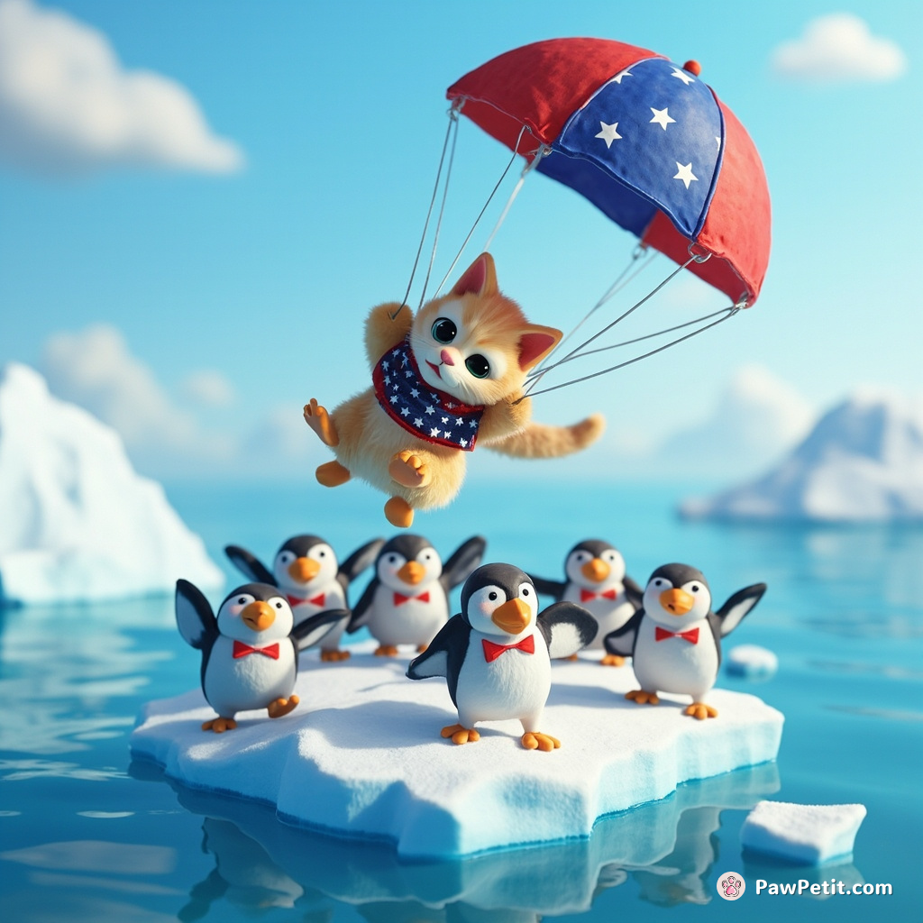 Cat parachuting onto an iceberg occupied by penguins dressed in patriotic bow-ties.