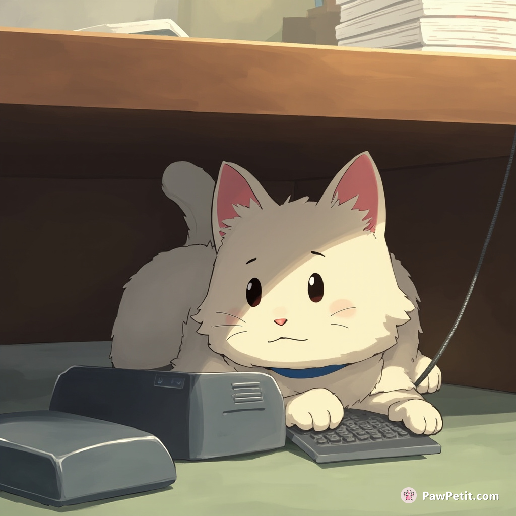 Inconspicuous cats mimic human behaviors, secretly mastering the art of typing and sending emails from under office desks.